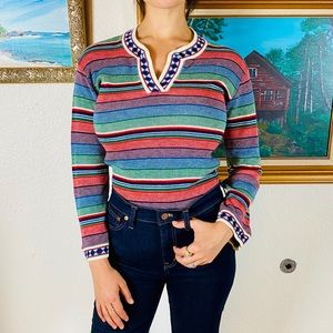 Vintage Garland Striped Sweater w/ Graphic Trim, S